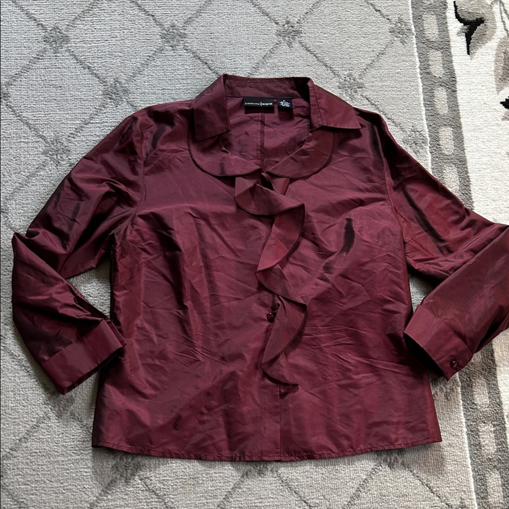 Relativity Ruffle Front Silk Blouse in Burgundy